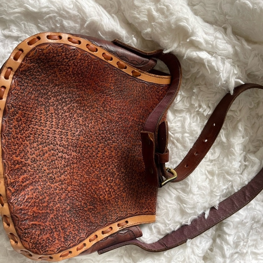 Vintage Hand Tooled Western Floral Leather Crossbody Bag purse tanBrown Cowgirl - Picture 4 of 6